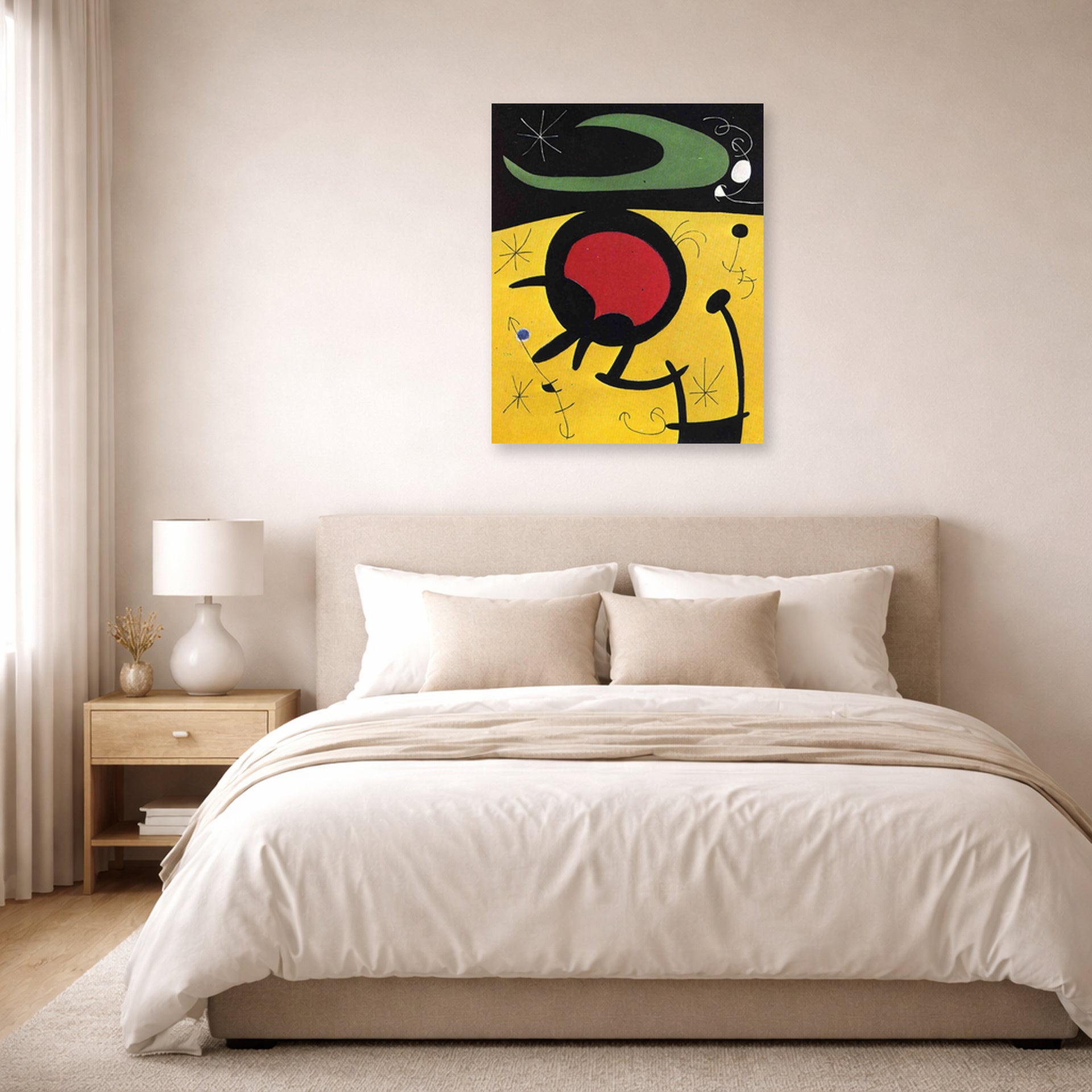 Unframed poster print of Joan Miró's 'Bird Flight' displayed on a wall in a bedroom
