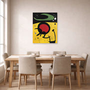 Unframed poster print of Joan Miró's 'Bird Flight' displayed on a wall in a dining room