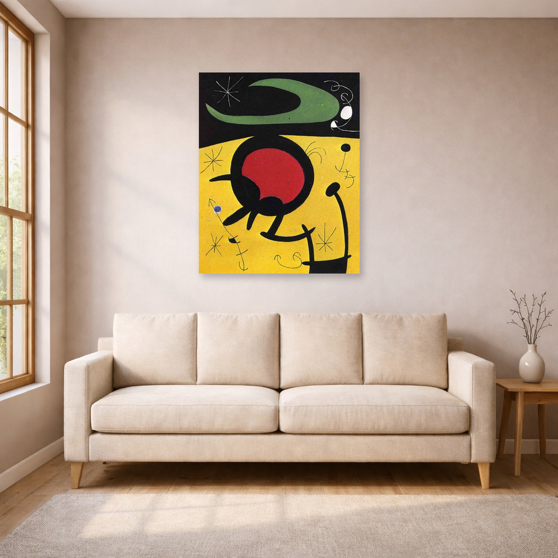 Unframed poster print of Joan Miró's 'Bird Flight' displayed on a wall in a living room