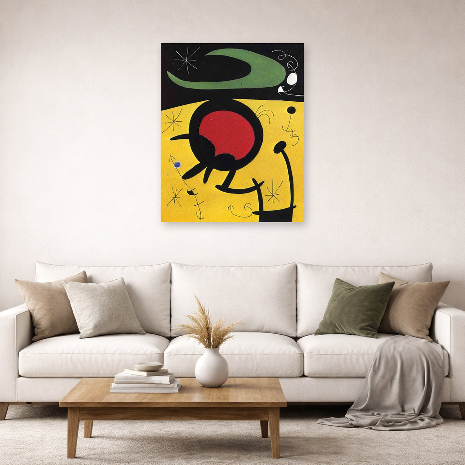 Unframed poster print of Joan Miró's 'Bird Flight' displayed on a wall in a living room
