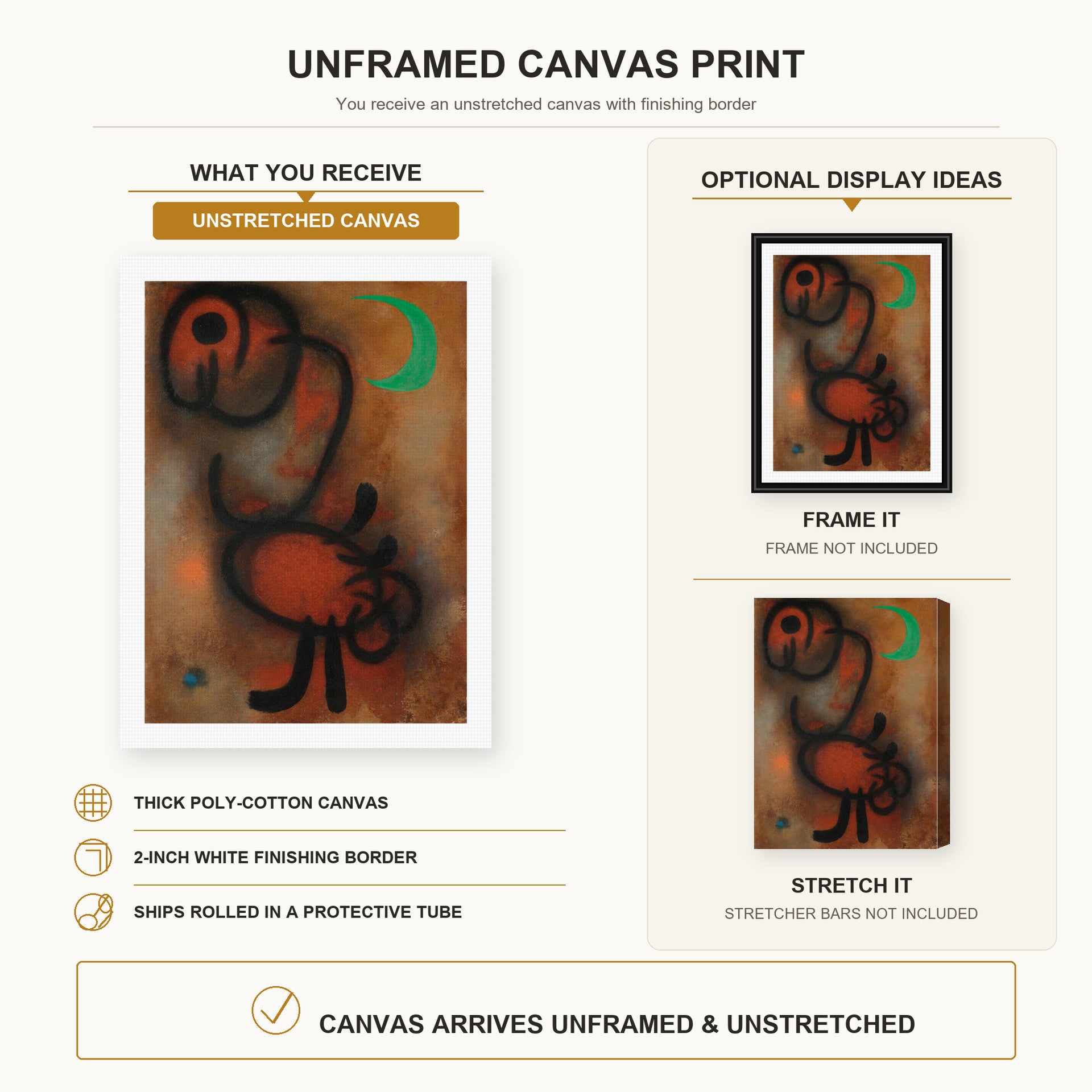 Joan Miró - Bird canvas print size comparison and framing display infographic