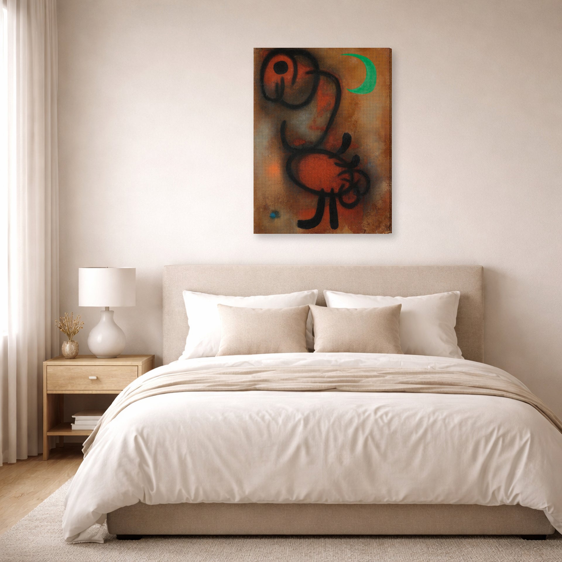 Gallery-wrapped canvas print of Joan Miró's 'Bird' displayed on a wall in a bedroom