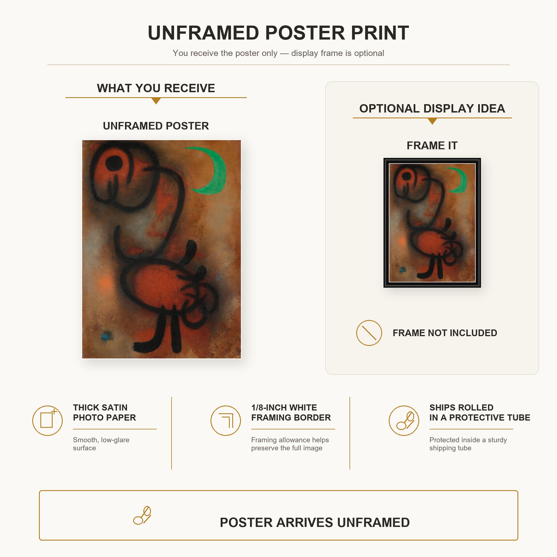 Joan Miró - Bird poster print size comparison and framing display infographic