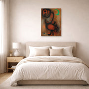 Unframed poster print of Joan Miró's 'Bird' displayed on a wall in a bedroom