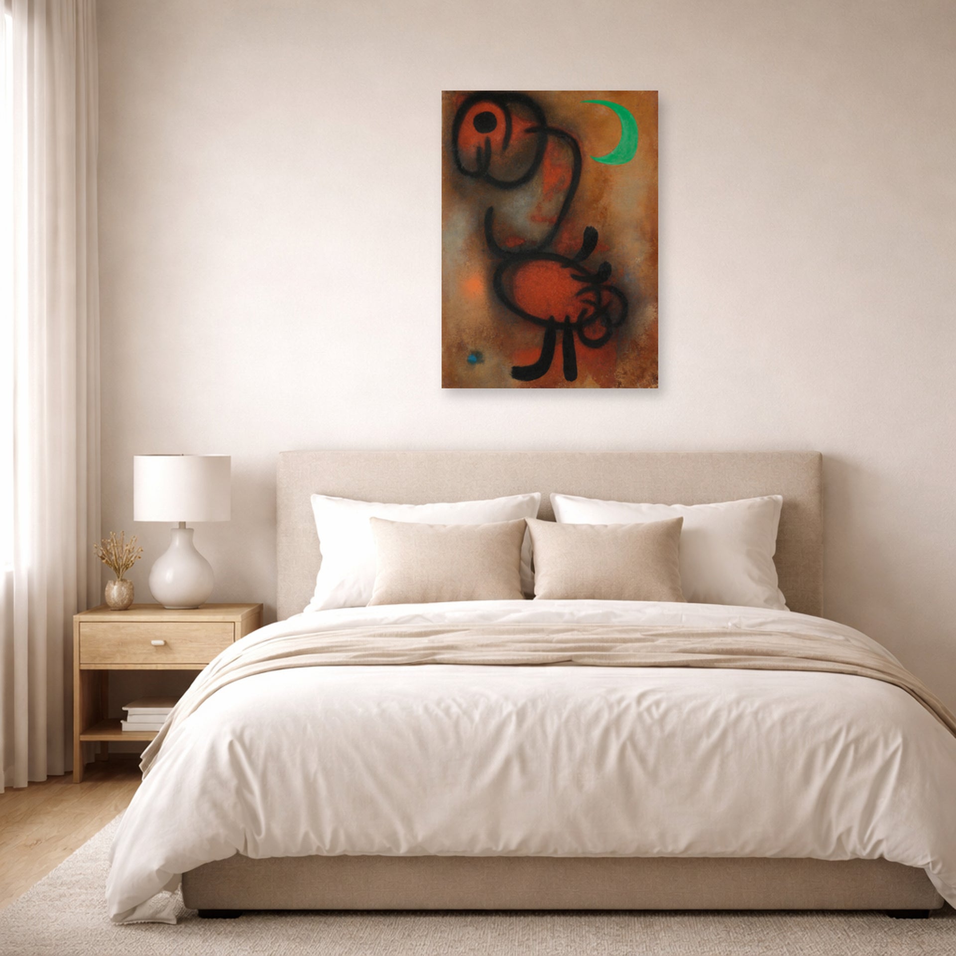 Unframed poster print of Joan Miró's 'Bird' displayed on a wall in a bedroom