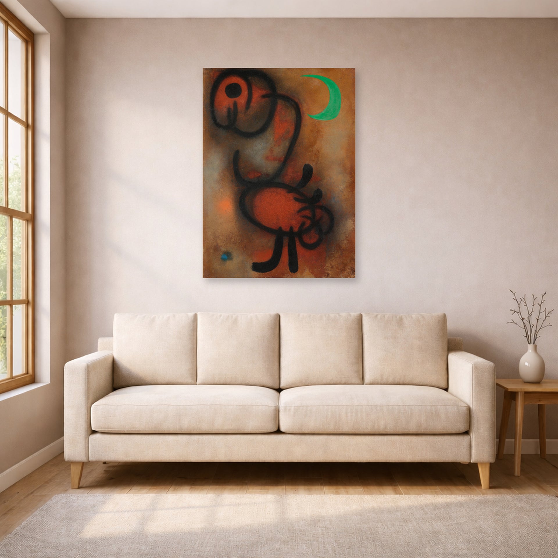 Unframed poster print of Joan Miró's 'Bird' displayed on a wall in a living room
