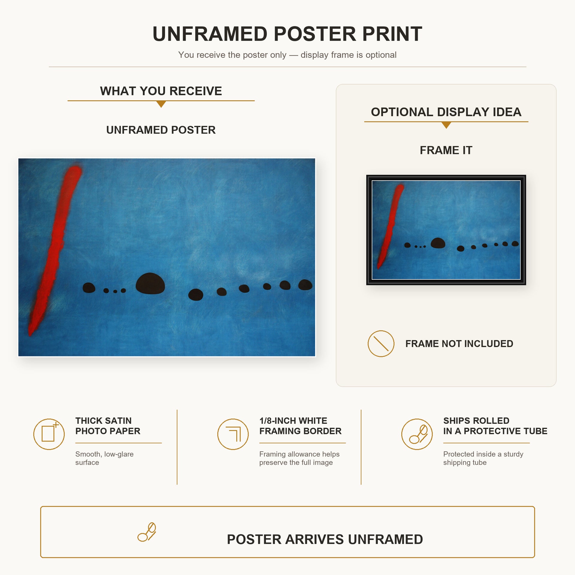 Joan Miró - Blue poster print size comparison and framing display infographic