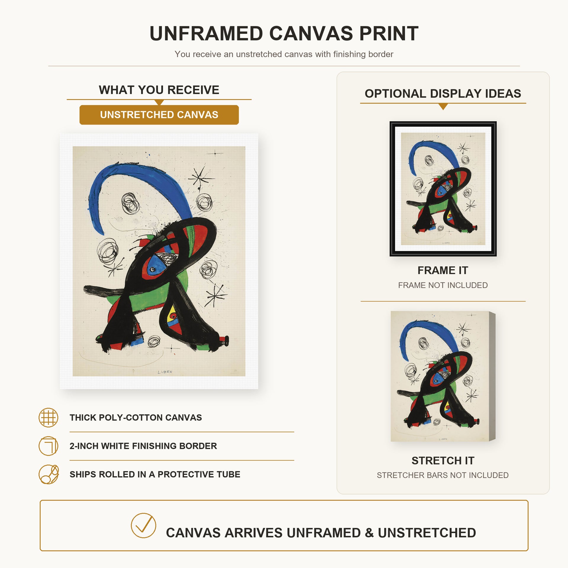 Joan Miró - Bon Cop De Lluna canvas print size comparison and framing display infographic