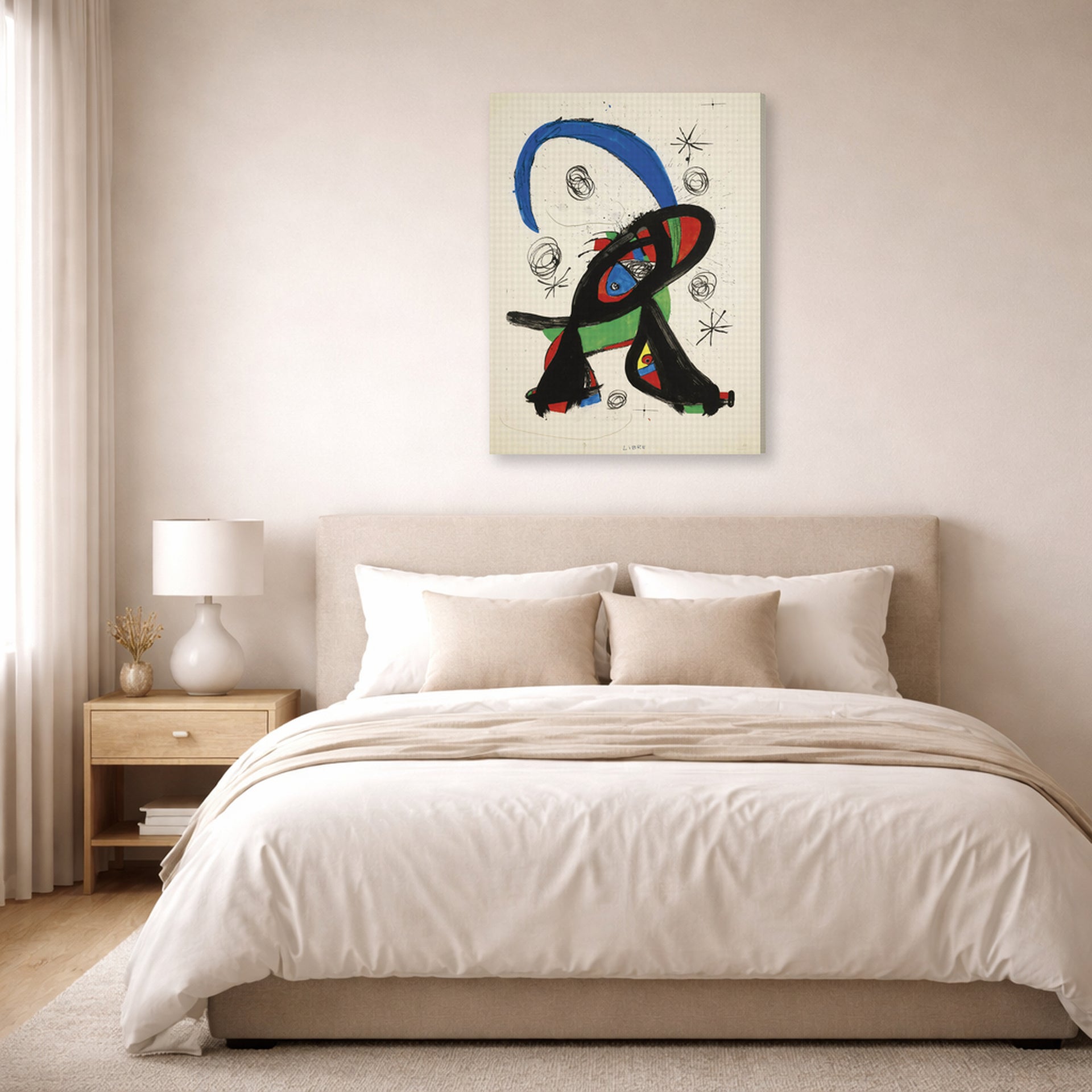 Gallery-wrapped canvas print of Joan Miró's 'Bon Cop De Lluna' displayed on a wall in a bedroom