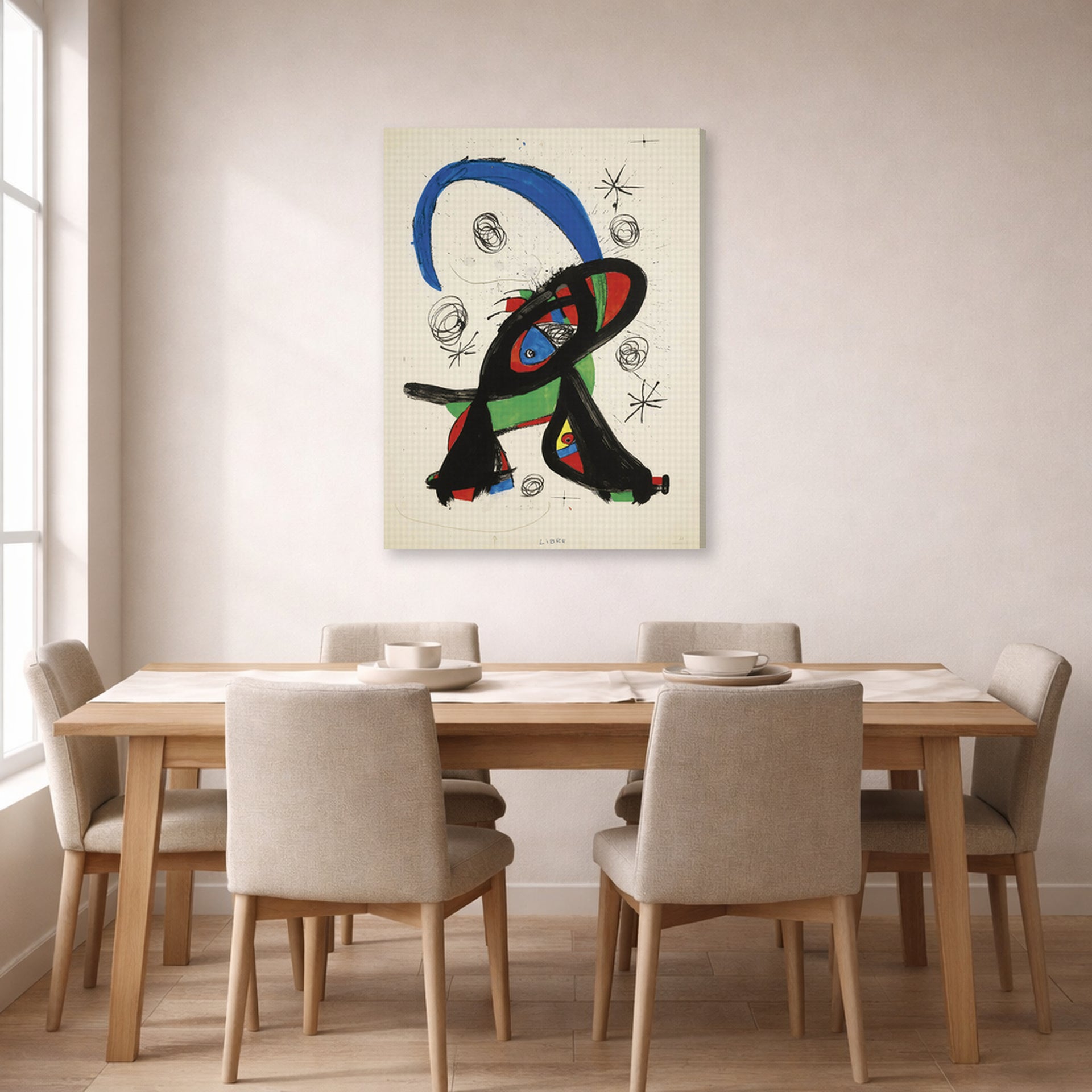 Gallery-wrapped canvas print of Joan Miró's 'Bon Cop De Lluna' displayed on a wall in a dining room