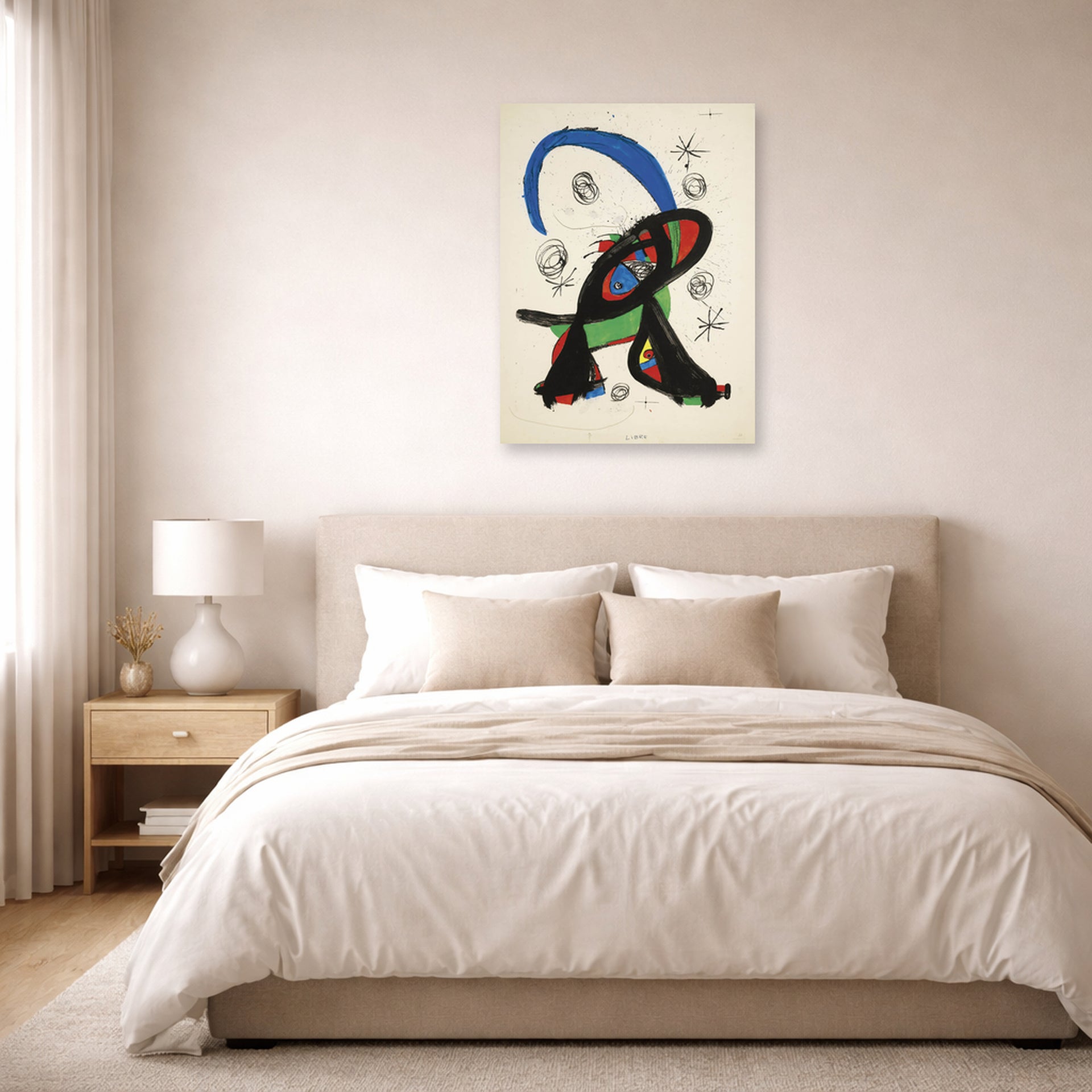 Unframed poster print of Joan Miró's 'Bon Cop De Lluna' displayed on a wall in a bedroom