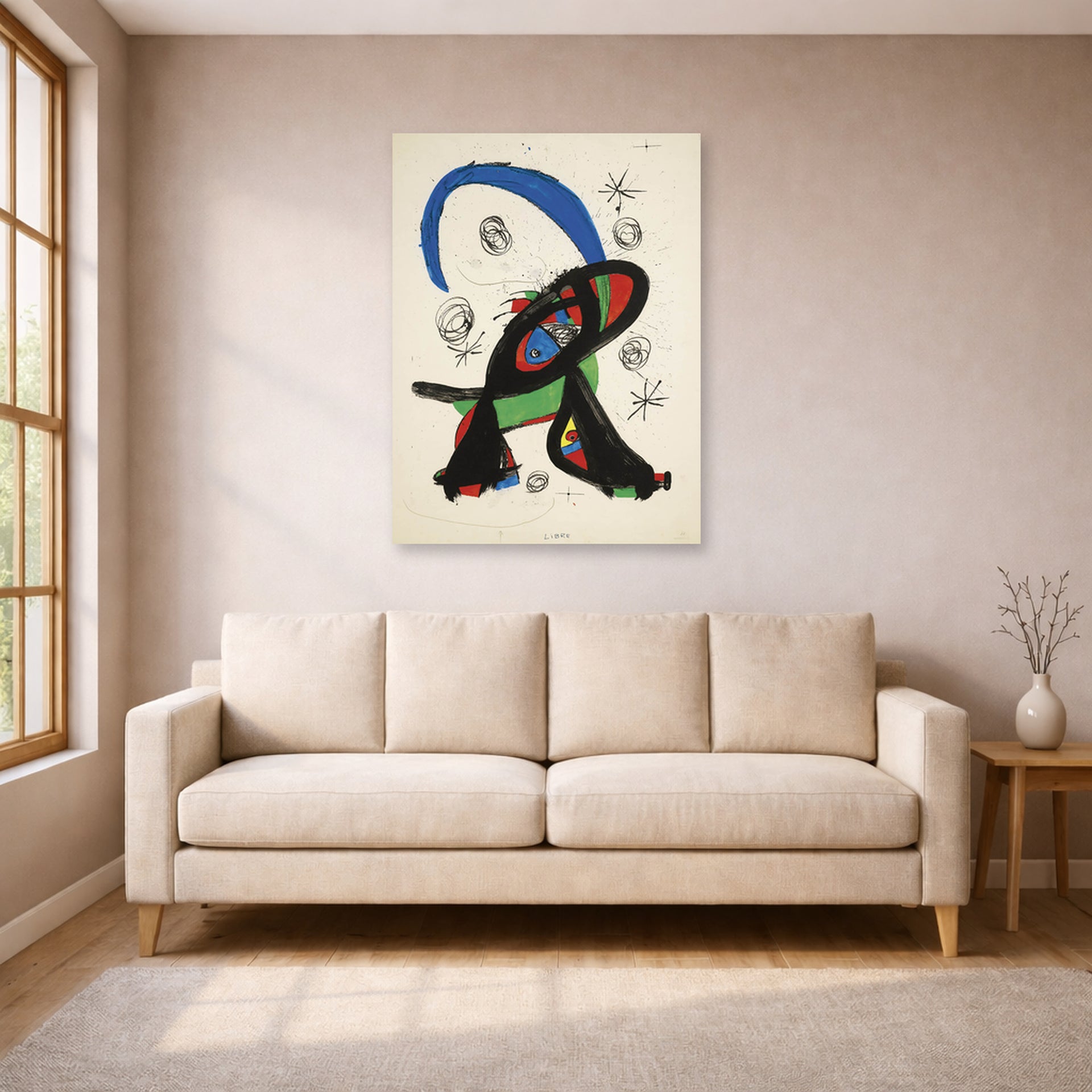 Unframed poster print of Joan Miró's 'Bon Cop De Lluna' displayed on a wall in a living room