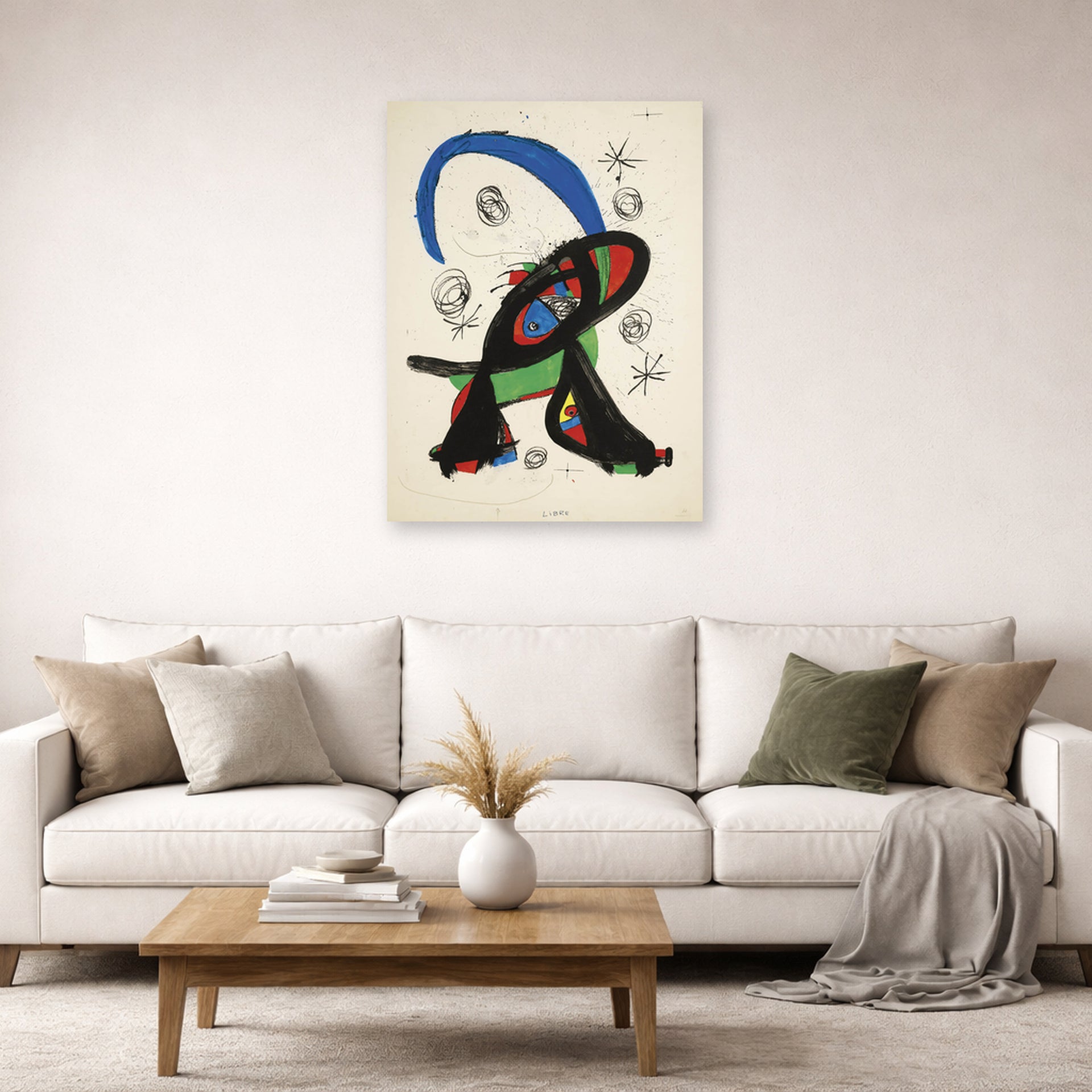 Unframed poster print of Joan Miró's 'Bon Cop De Lluna' displayed on a wall in a living room