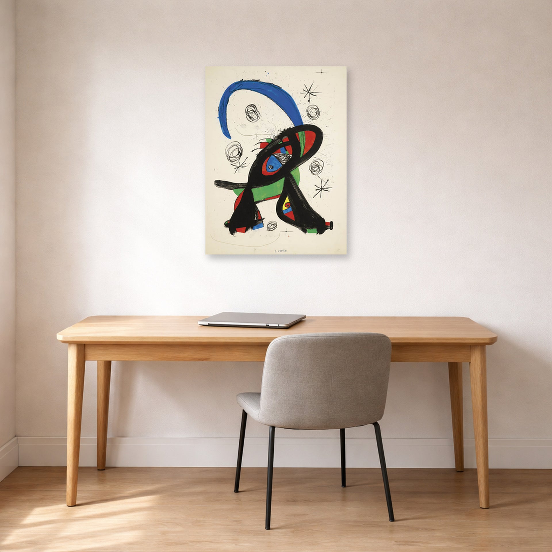 Unframed poster print of Joan Miró's 'Bon Cop De Lluna' displayed on a wall in a office