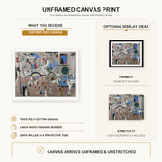 Joan Miró - Carnival of Harlequin canvas print size comparison and framing display infographic