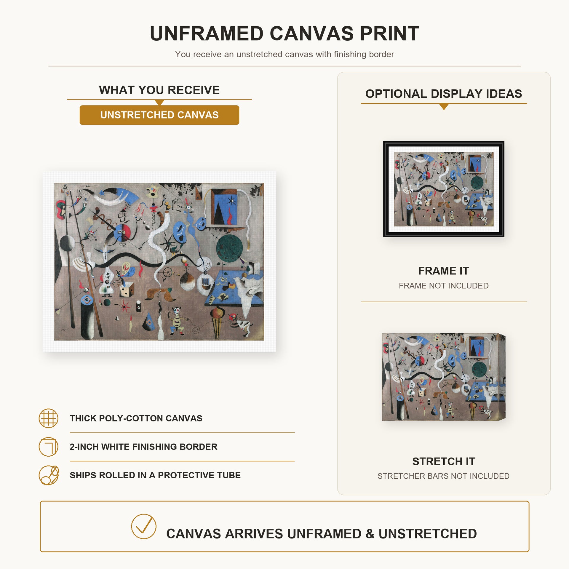 Joan Miró - Carnival of Harlequin canvas print size comparison and framing display infographic