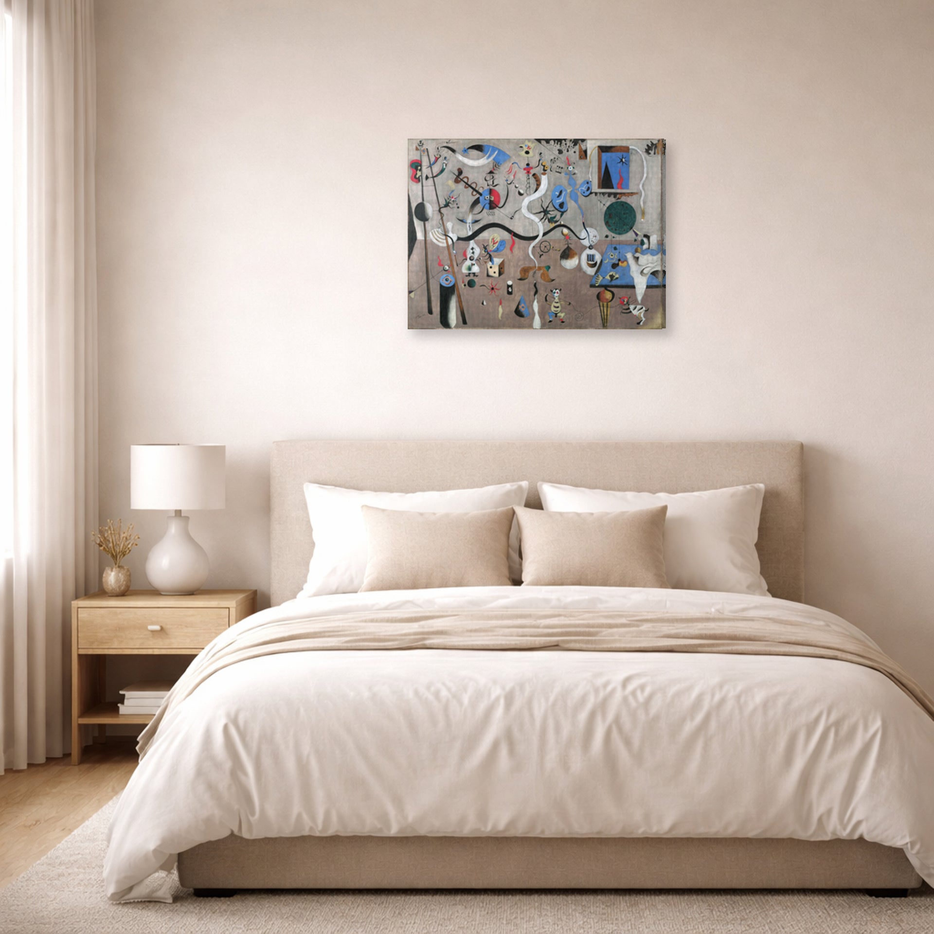 Gallery-wrapped canvas print of Joan Miró's 'Carnival of Harlequin' displayed on a wall in a bedroom