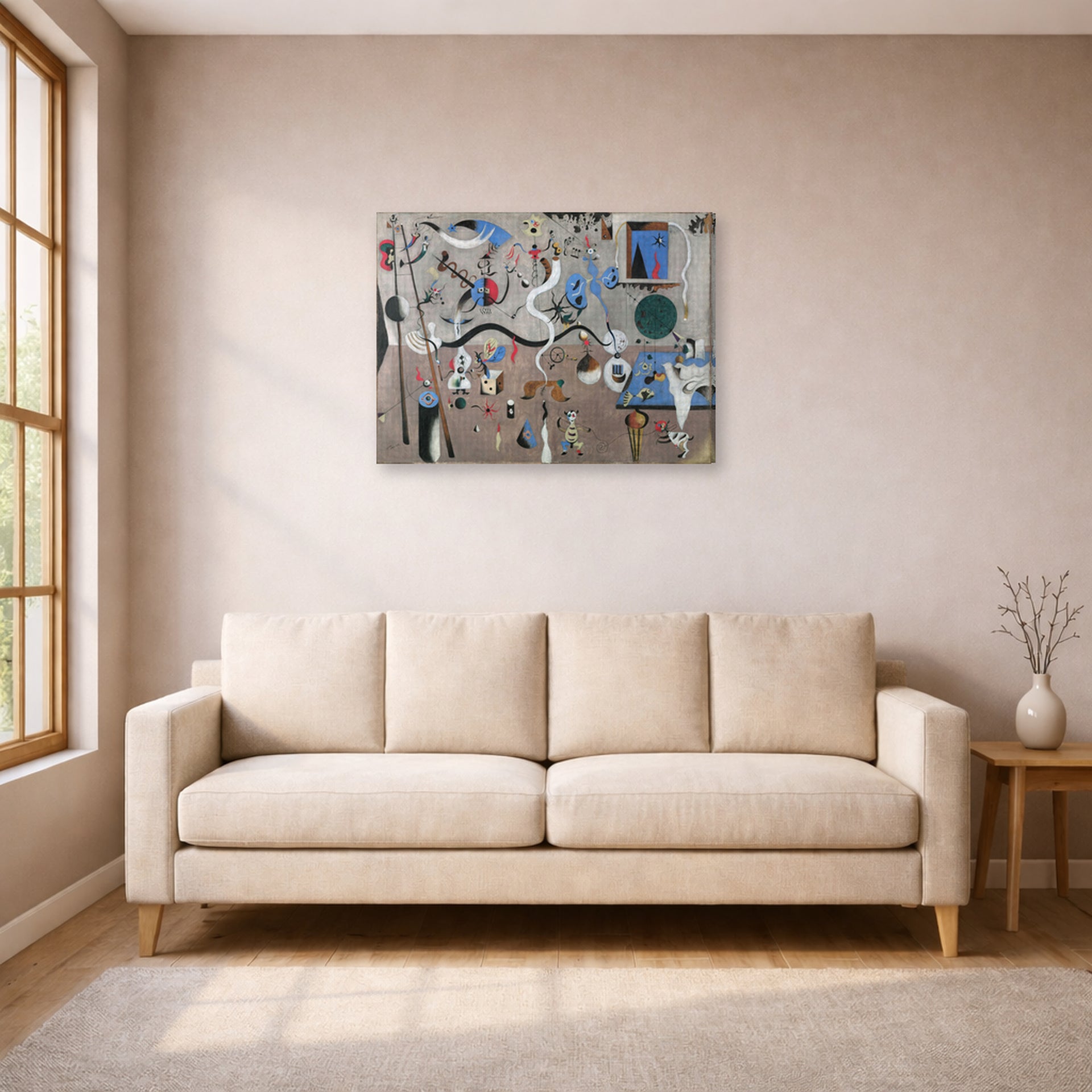 Gallery-wrapped canvas print of Joan Miró's 'Carnival of Harlequin' displayed on a wall in a living room