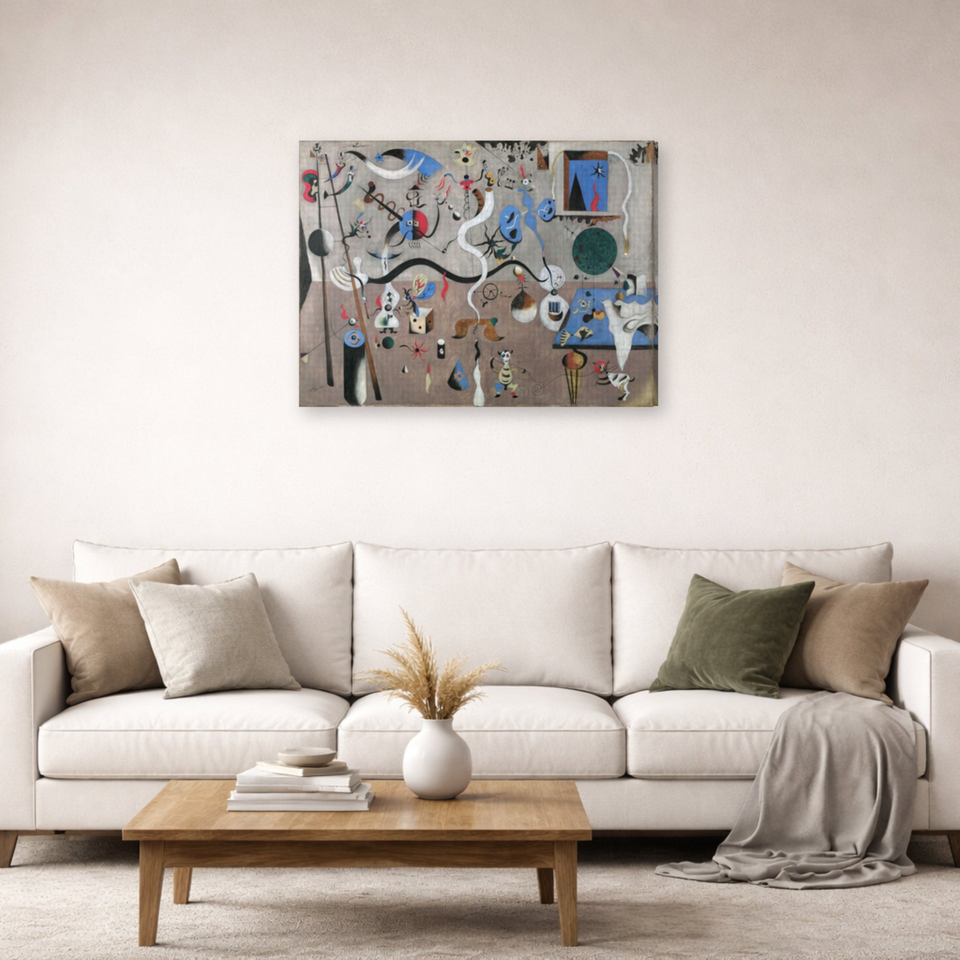 Gallery-wrapped canvas print of Joan Miró's 'Carnival of Harlequin' displayed on a wall in a living room
