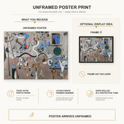 Joan Miró - Carnival of Harlequin poster print size comparison and framing display infographic