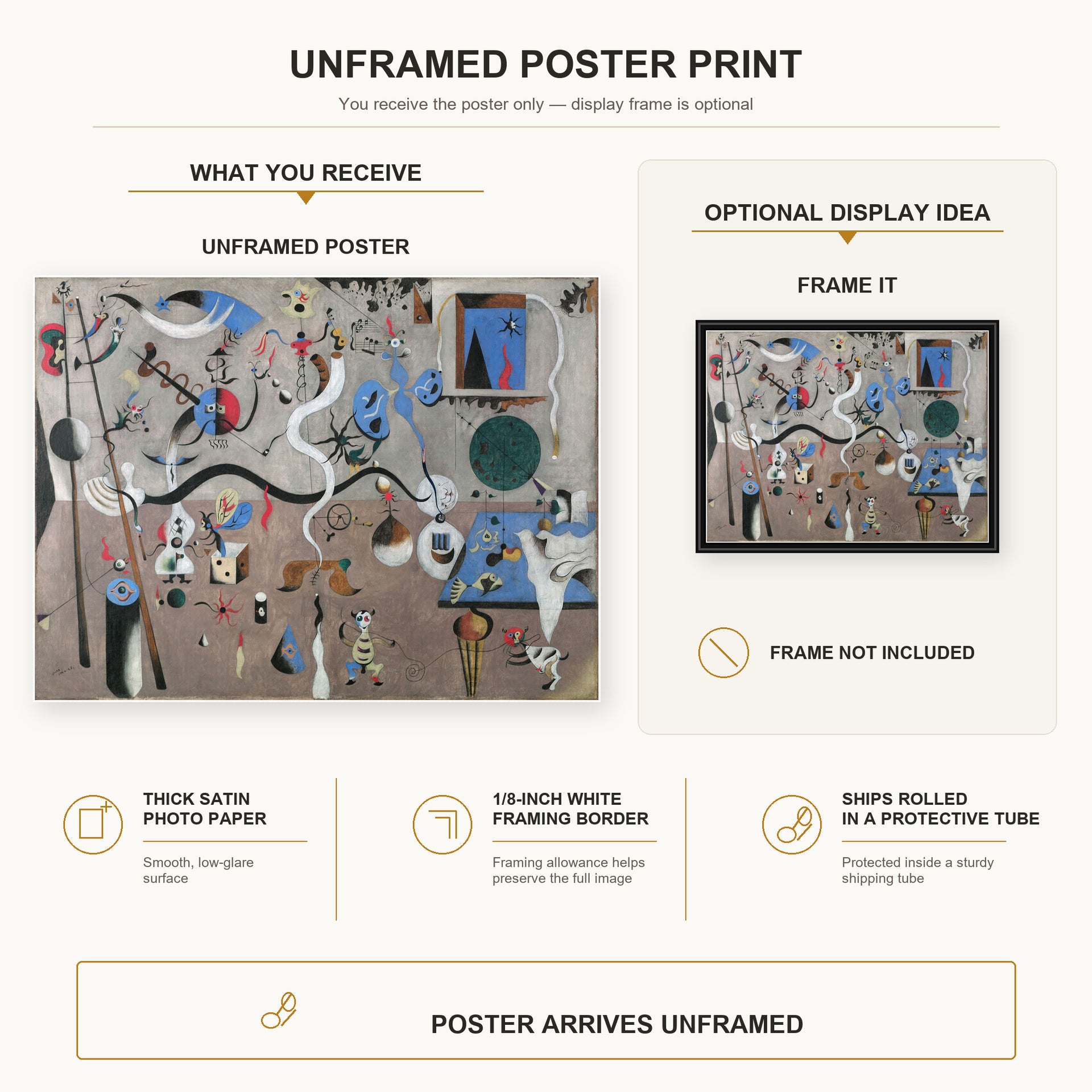 Joan Miró - Carnival of Harlequin poster print size comparison and framing display infographic