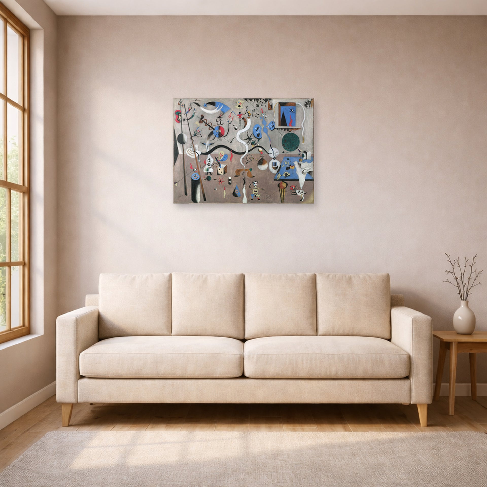 Unframed poster print of Joan Miró's 'Carnival of Harlequin' displayed on a wall in a living room