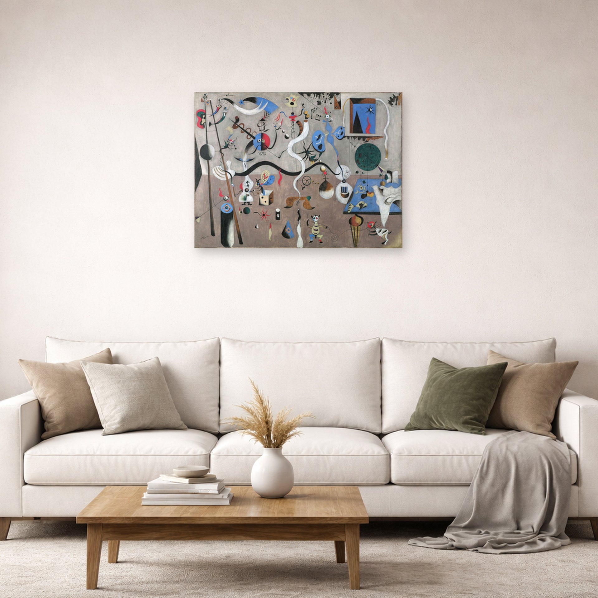 Unframed poster print of Joan Miró's 'Carnival of Harlequin' displayed on a wall in a living room