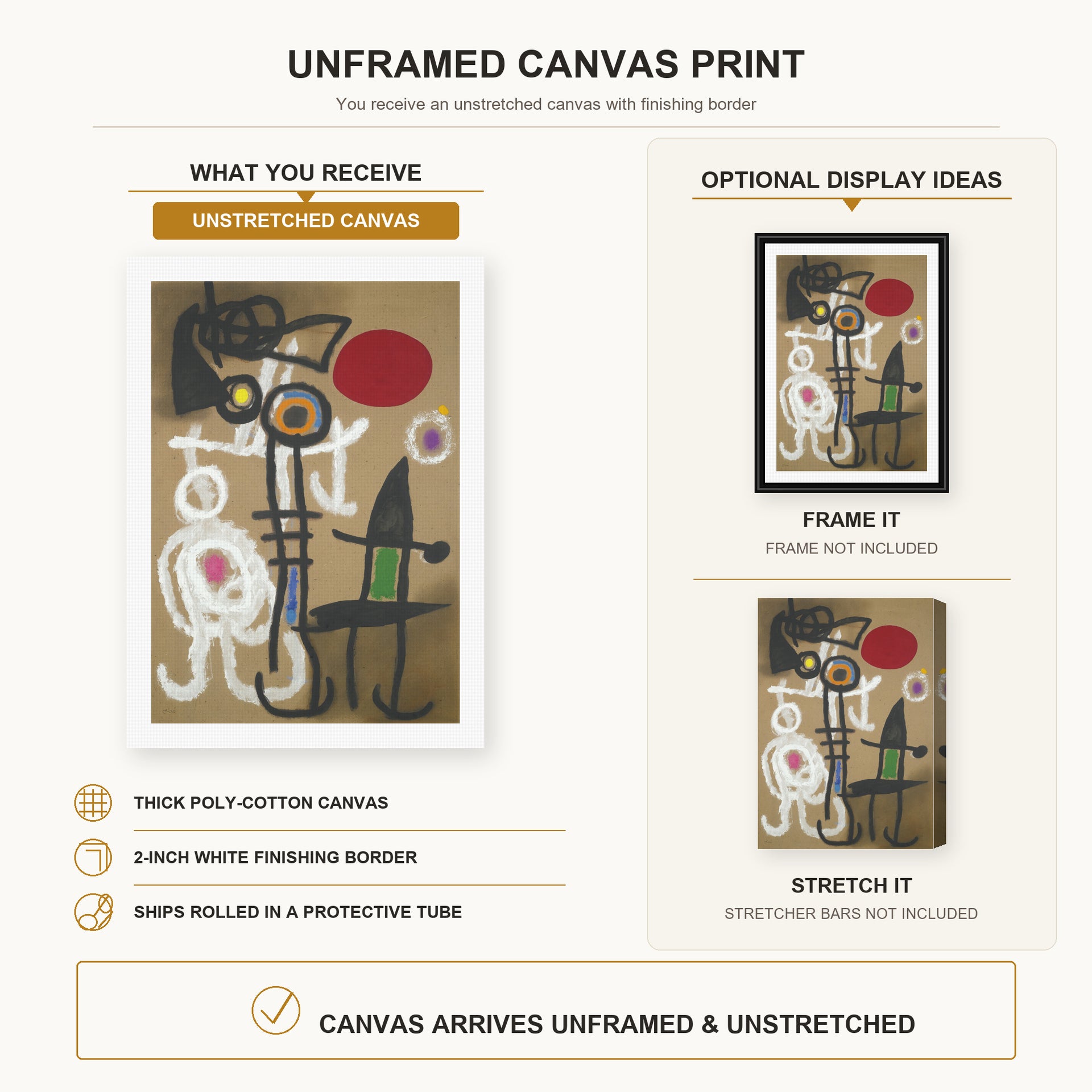 Joan Miró - Characters and Birds Before the Sun canvas print size comparison and framing display infographic