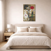 Gallery-wrapped canvas print of Joan Miró's 'Characters and Birds Before the Sun' displayed on a wall in a bedroom