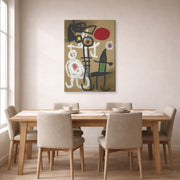 Gallery-wrapped canvas print of Joan Miró's 'Characters and Birds Before the Sun' displayed on a wall in a dining room