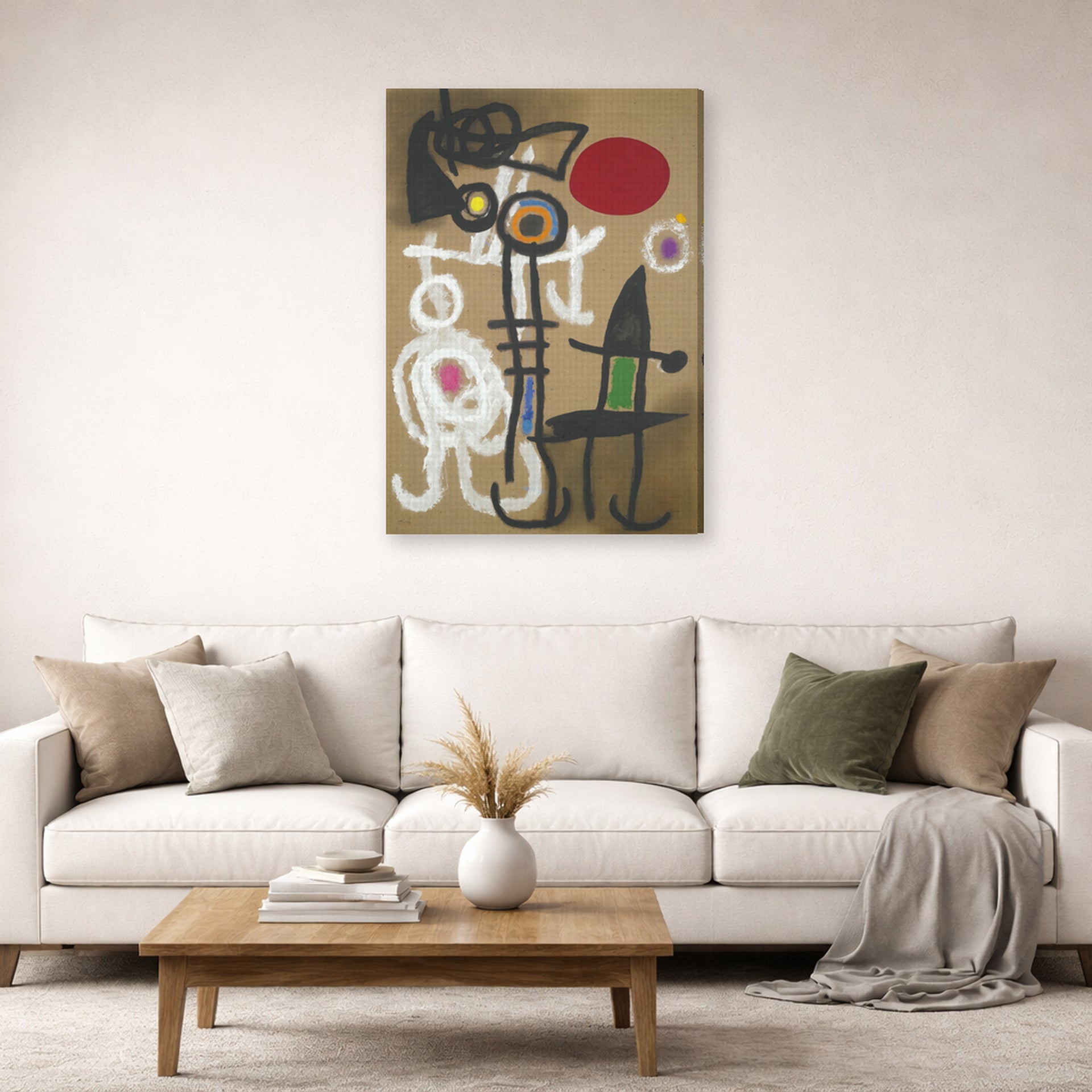 Gallery-wrapped canvas print of Joan Miró's 'Characters and Birds Before the Sun' displayed on a wall in a living room