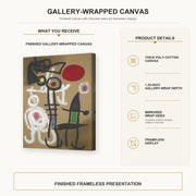 Joan Miró - Characters and Birds Before the Sun gallery wrap canvas construction and hanging details infographic