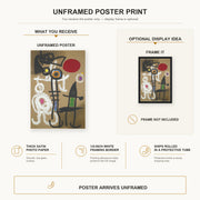 Joan Miró - Characters and Birds Before the Sun poster print size comparison and framing display infographic