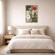 Unframed poster print of Joan Miró's 'Characters and Birds Before the Sun' displayed on a wall in a bedroom