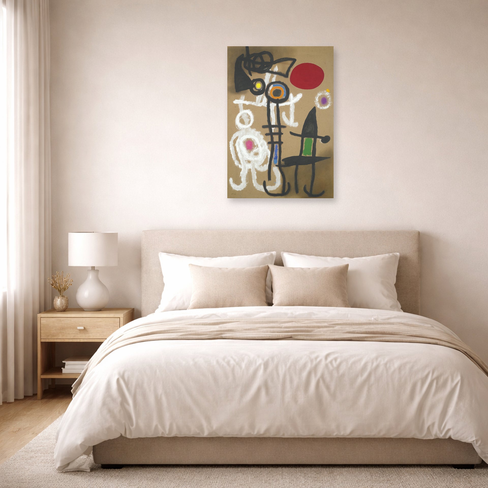 Unframed poster print of Joan Miró's 'Characters and Birds Before the Sun' displayed on a wall in a bedroom
