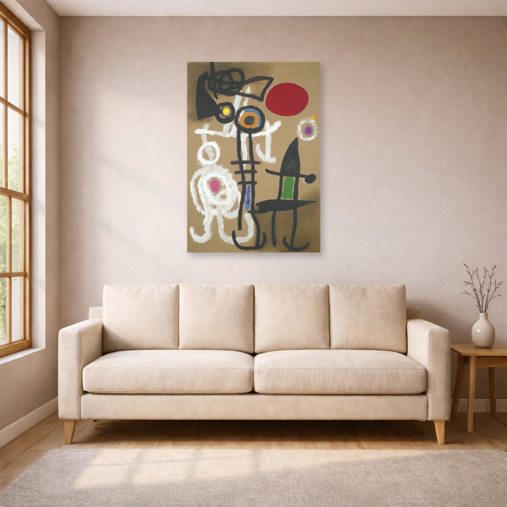 Unframed poster print of Joan Miró's 'Characters and Birds Before the Sun' displayed on a wall in a living room