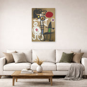 Unframed poster print of Joan Miró's 'Characters and Birds Before the Sun' displayed on a wall in a living room