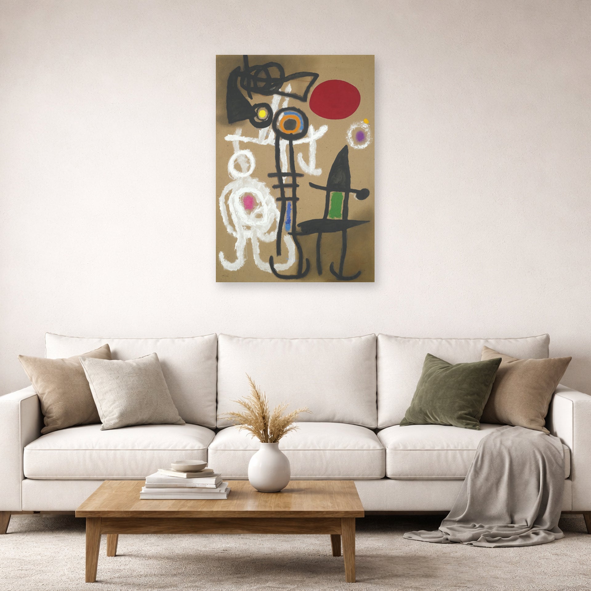 Unframed poster print of Joan Miró's 'Characters and Birds Before the Sun' displayed on a wall in a living room