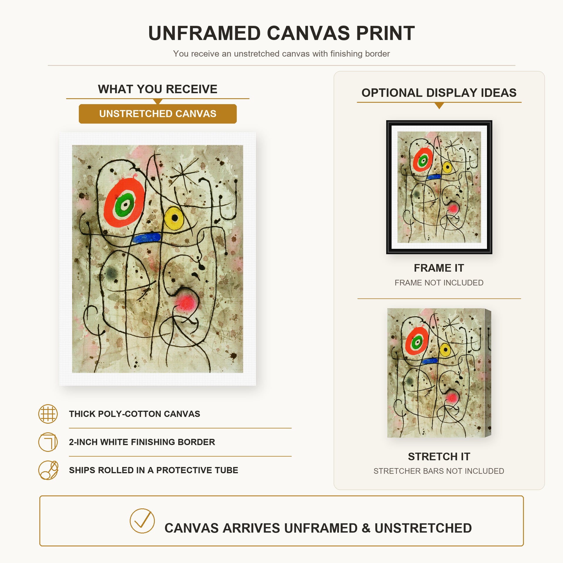 Joan Miró - Composition Au Visage canvas print size comparison and framing display infographic