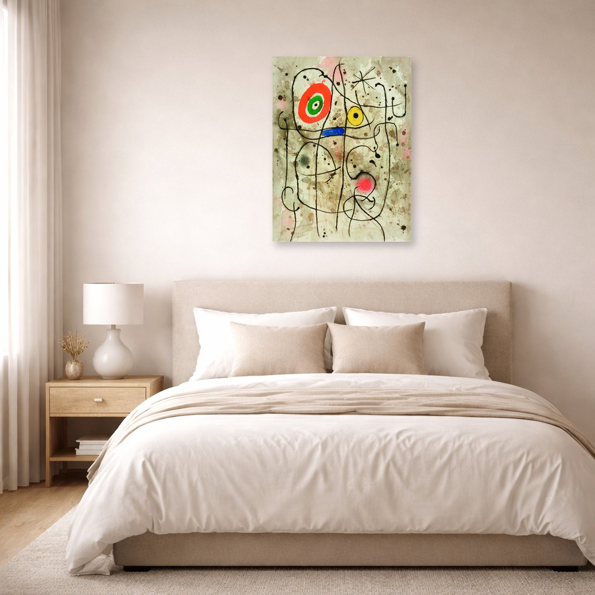 Unframed poster print of Joan Miró's 'Composition Au Visage' displayed on a wall in a bedroom