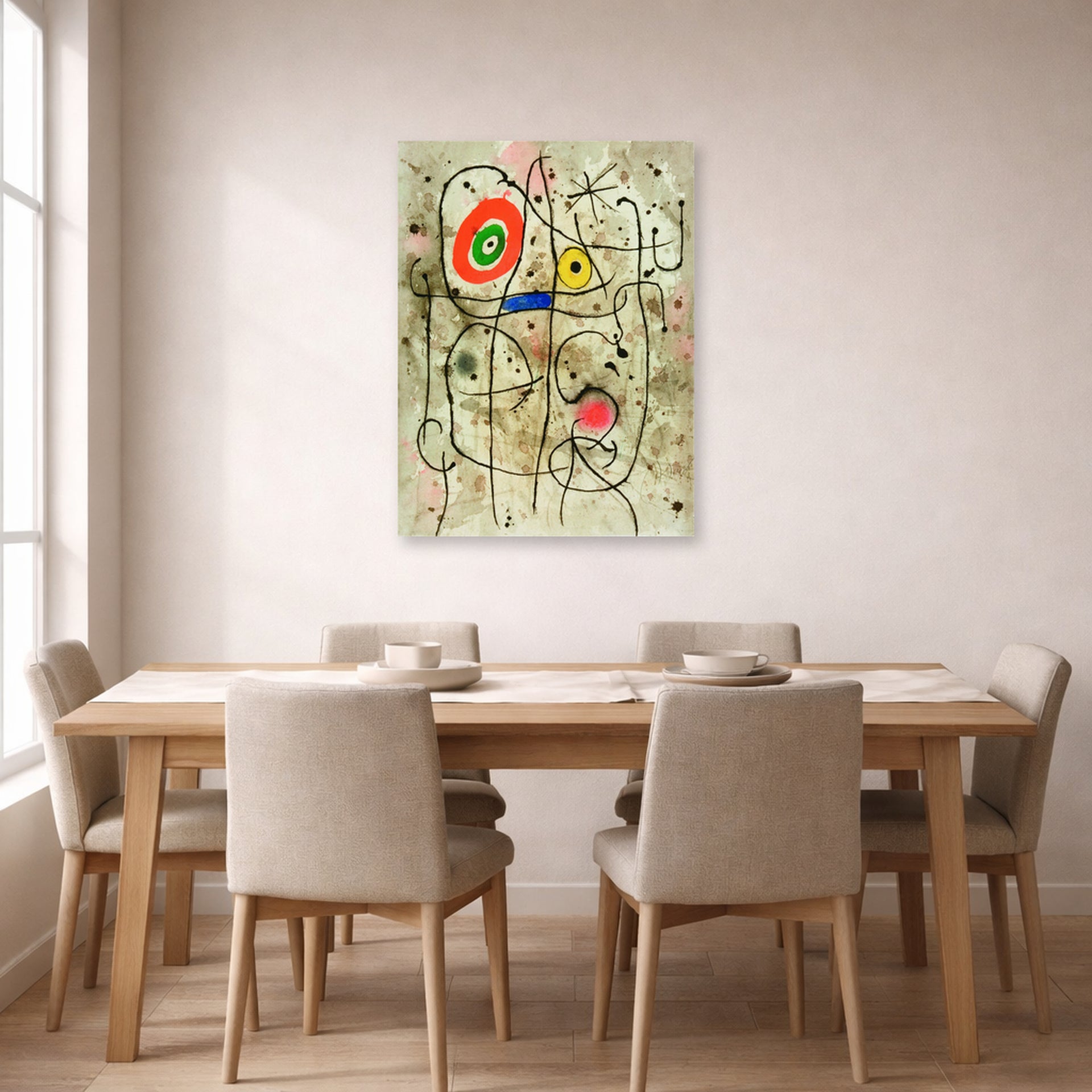 Unframed poster print of Joan Miró's 'Composition Au Visage' displayed on a wall in a dining room