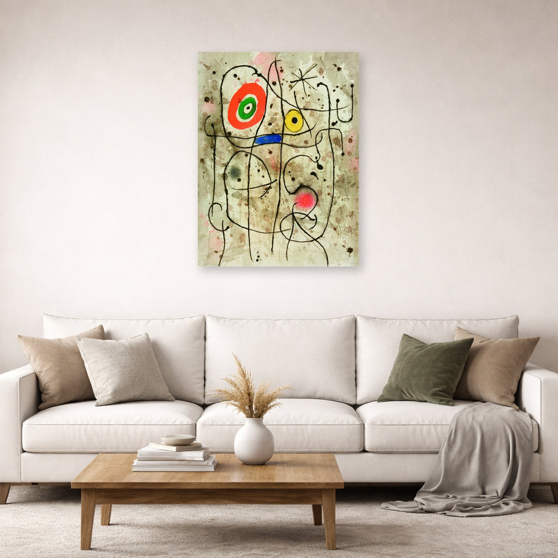 Unframed poster print of Joan Miró's 'Composition Au Visage' displayed on a wall in a living room