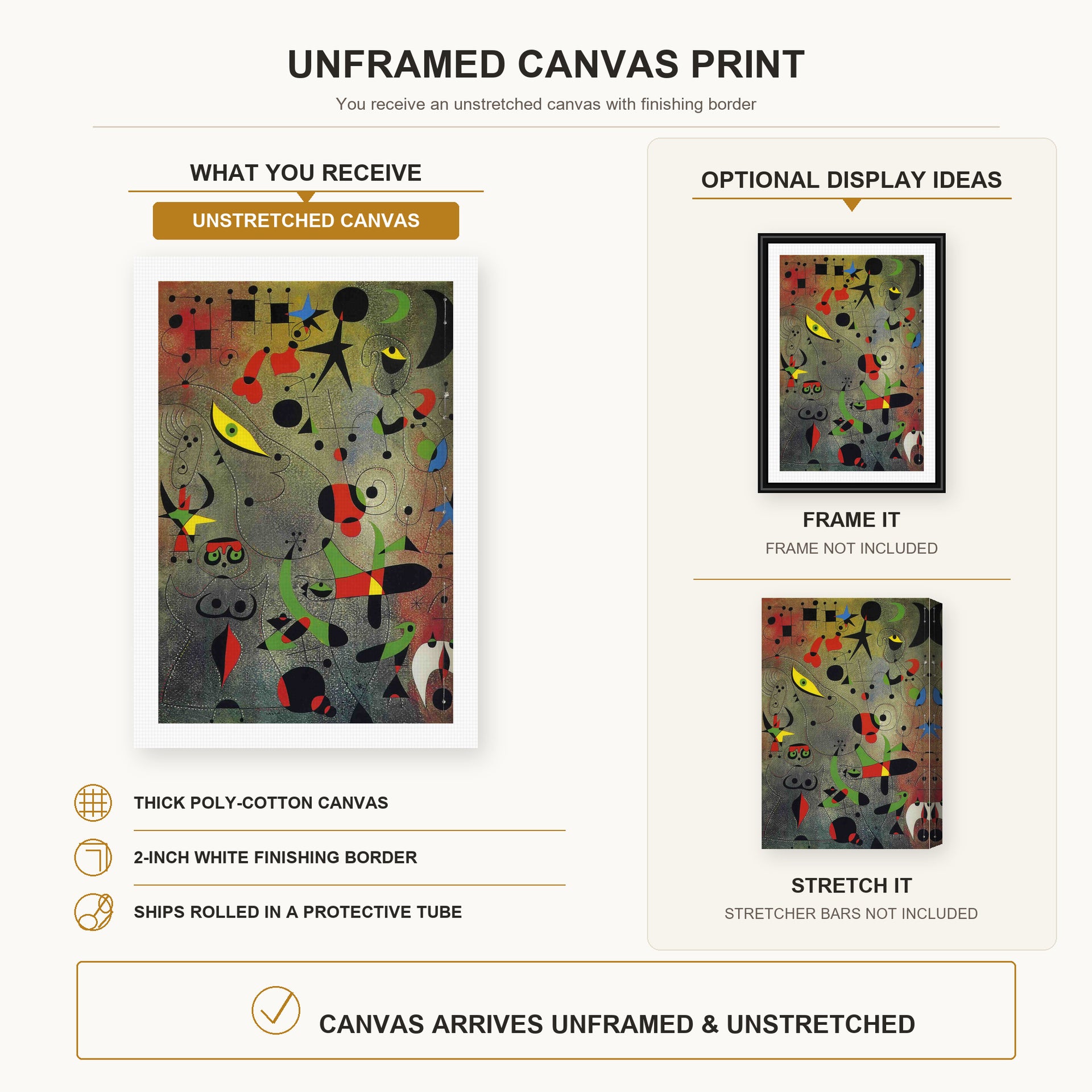 Joan Miró - Constellation Awakening at Dawn canvas print size comparison and framing display infographic