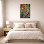 Gallery-wrapped canvas print of Joan Miró's 'Constellation Awakening at Dawn' displayed on a wall in a bedroom