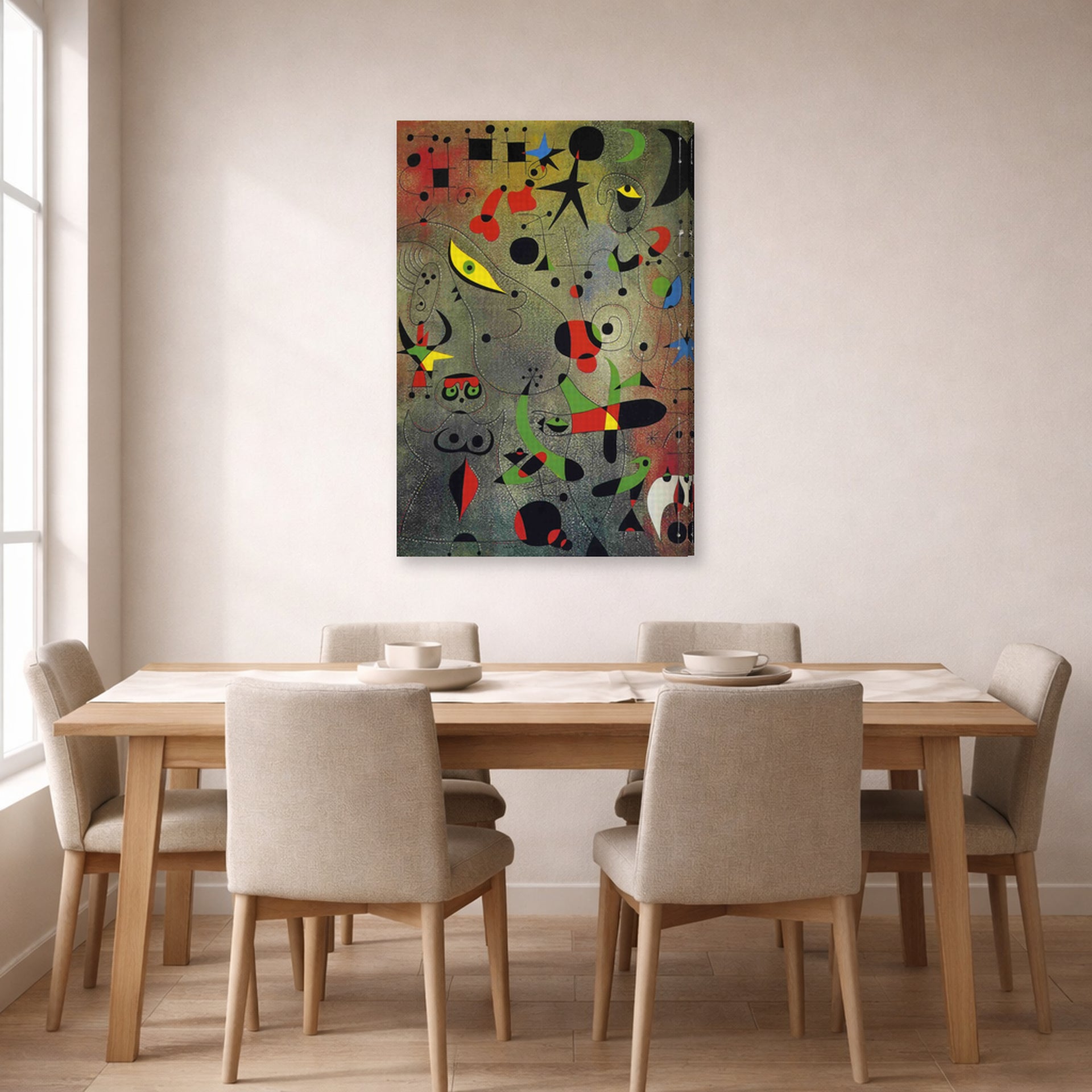 Gallery-wrapped canvas print of Joan Miró's 'Constellation Awakening at Dawn' displayed on a wall in a dining room