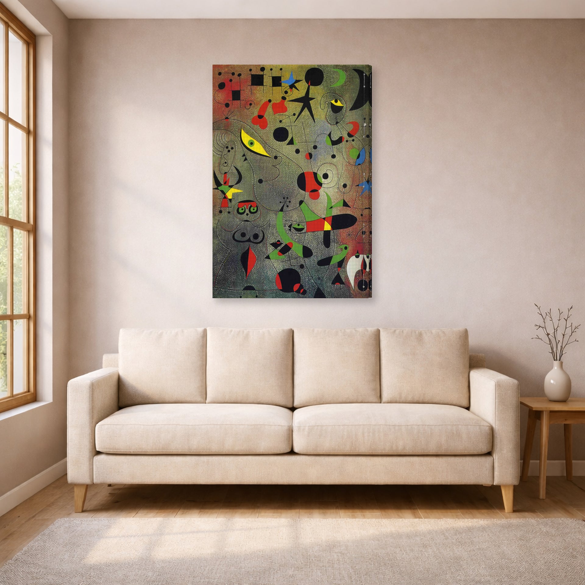 Gallery-wrapped canvas print of Joan Miró's 'Constellation Awakening at Dawn' displayed on a wall in a living room