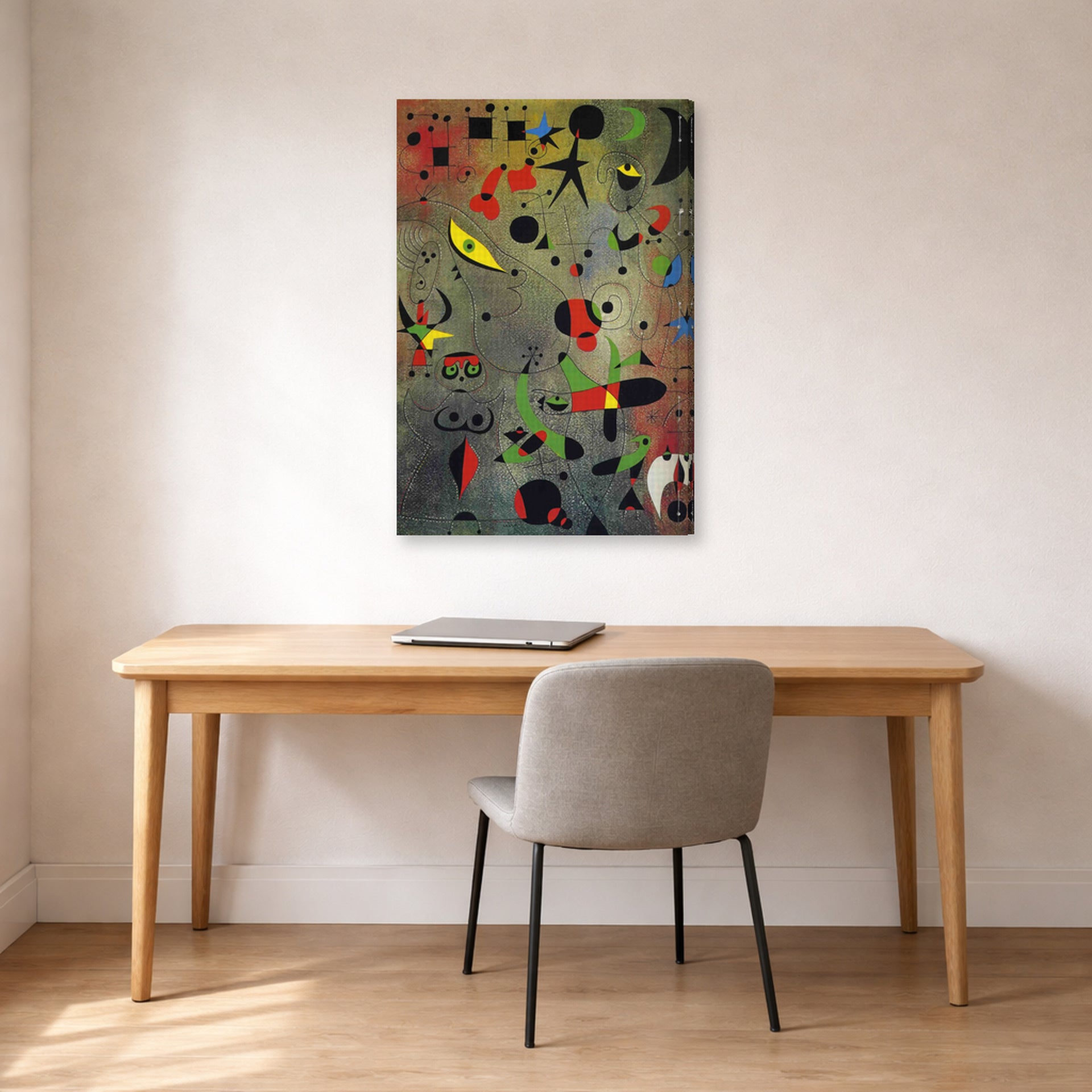 Gallery-wrapped canvas print of Joan Miró's 'Constellation Awakening at Dawn' displayed on a wall in a office