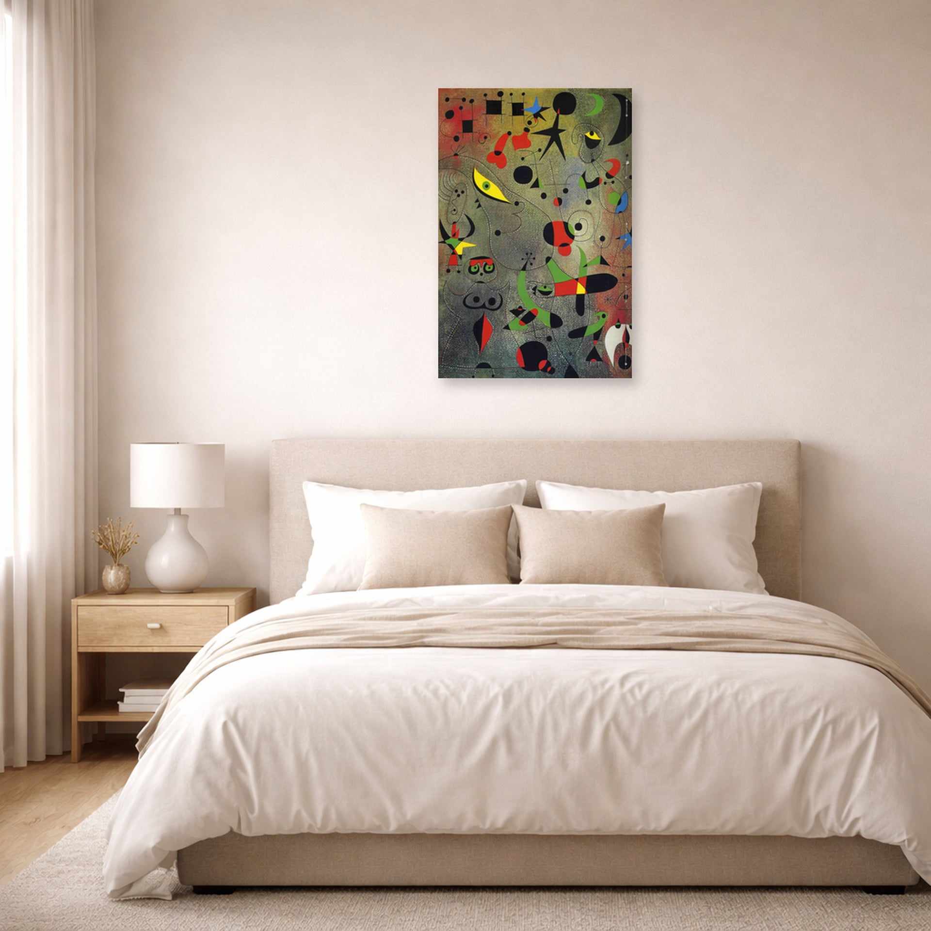 Unframed poster print of Joan Miró's 'Constellation Awakening at Dawn' displayed on a wall in a bedroom