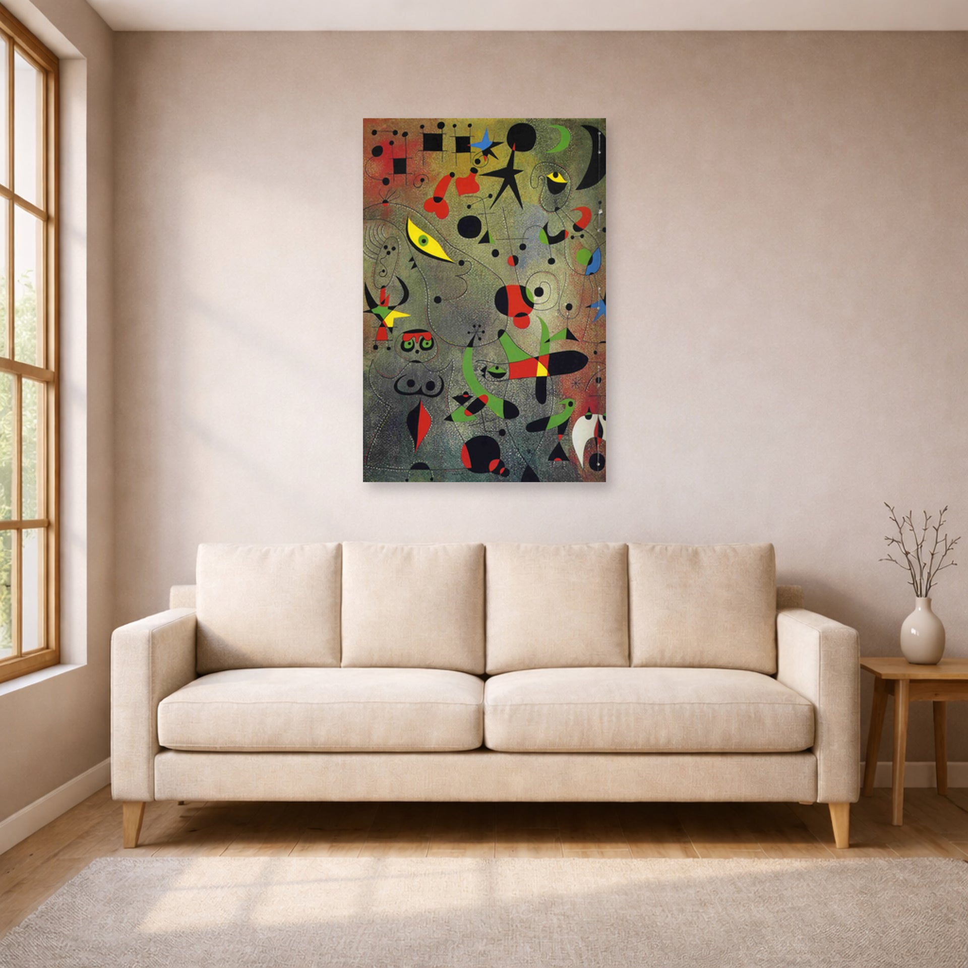 Unframed poster print of Joan Miró's 'Constellation Awakening at Dawn' displayed on a wall in a living room