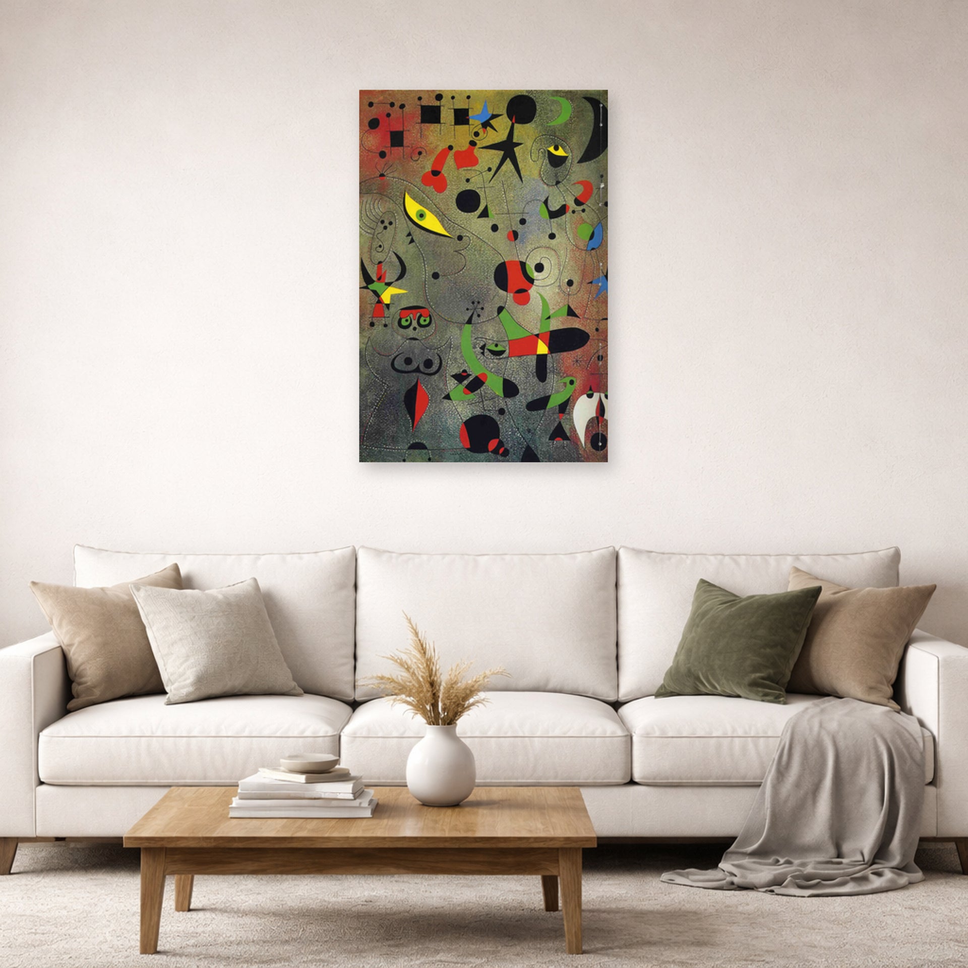 Unframed poster print of Joan Miró's 'Constellation Awakening at Dawn' displayed on a wall in a living room